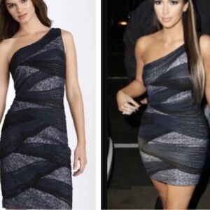 Tadashi Shoji Navy Black Gold Mesh Sequin One Shoulder women 14 Dress Bondage